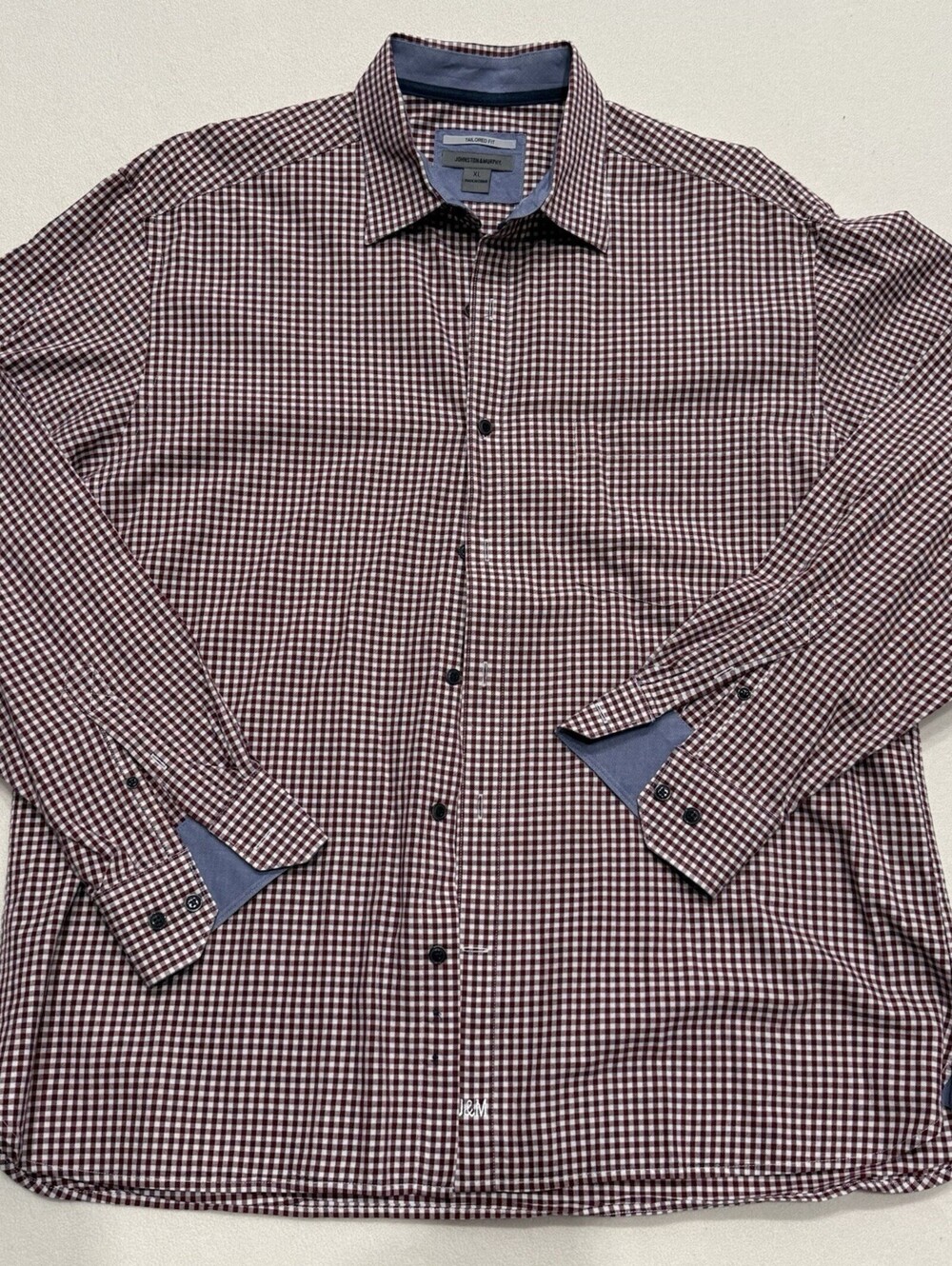 Johnston & Murphy Mens XL Tailored Fit Gingham Button Down Shirt Burgundy White